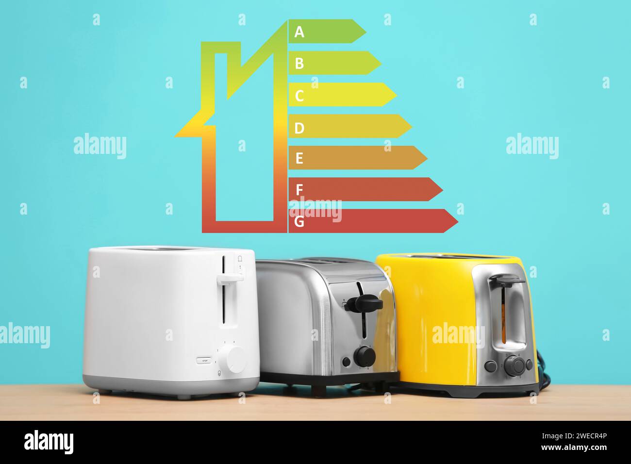 Energy efficiency rating label over different toasters against light