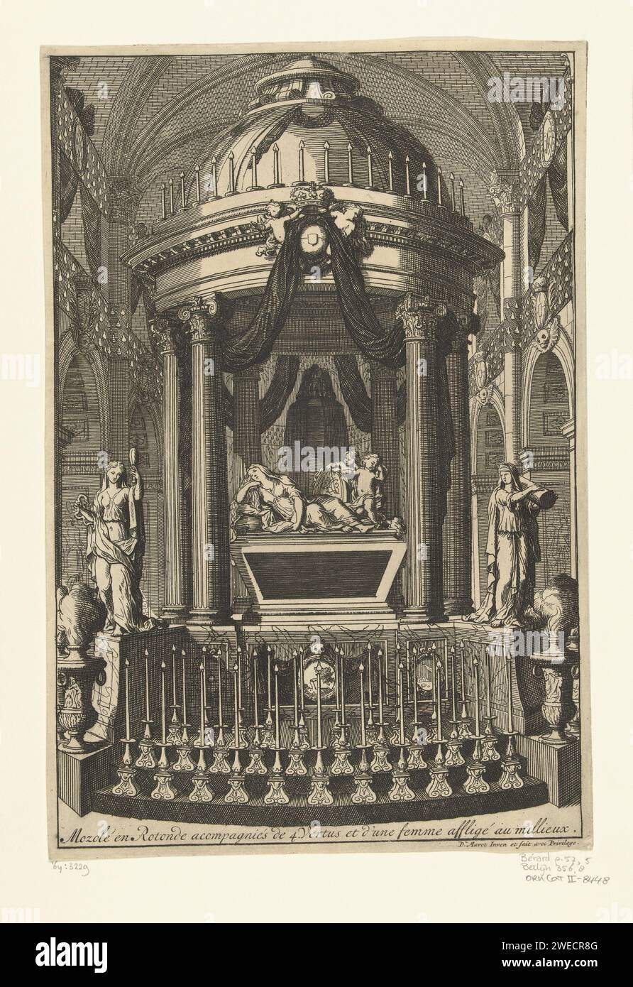 Mausoleum, Daniël Marot (I), c. 1705 - c. 1712 print Graftombe in a church with a lying woman and two children with a shield wearing a monogram (WR, William Rex). On the main frame of the Tempietto is a crowned coat of arms (from William II). From series of 6 magazines.  paper etching Stock Photo