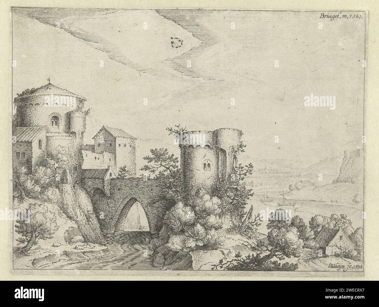 River landscape with castle, Jacques de Gheyn (II), after Pieter Bruegel (I), After Jacob Savery (I), 1598 print Castle on the river in mountainous landscape. Netherlands paper etching castle. river Stock Photo