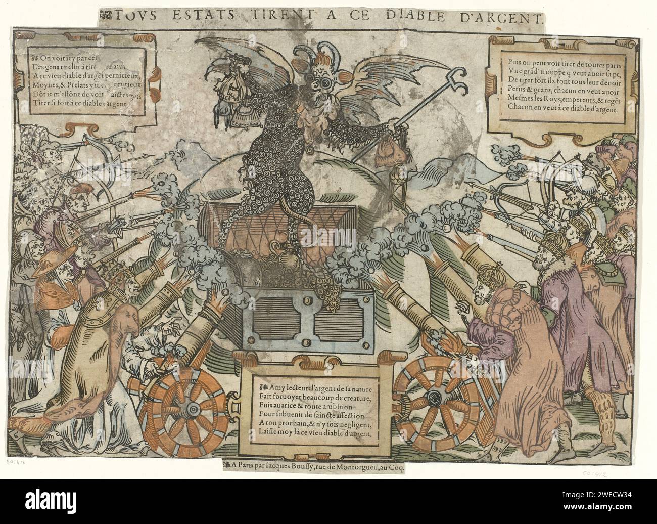 Attack on the Geldduivel, Anonymous, 1578 - 1581 print  print maker: Francepublisher: Paris paper letterpress printing devil(s) and demons. firearms: cannon. archer's weapons: crossbow. firearms. king. money-chest, treasure-chest, money-box. money. hierarchy of jurisdiction  Roman Catholic church Stock Photo