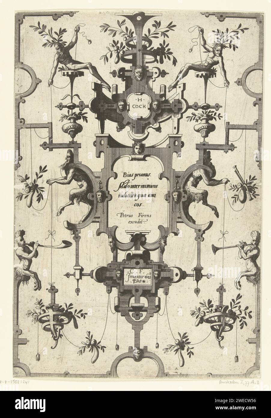 Cartouche with text of bias between two saters in Rolwerk, Johannes or Lucas van Doetechum, after Cornelis Floris (II), 1558 - 1630 print At the bottom left and bottom right is on the rolling work that blows on a trumpet. One of 4 magazines from a series of 6. Second edition of a series of flat decorations designed by Cornelis Floris (Orn Cat I-77.1 to 77.6). Netherlands (possibly) paper etching Stock Photo