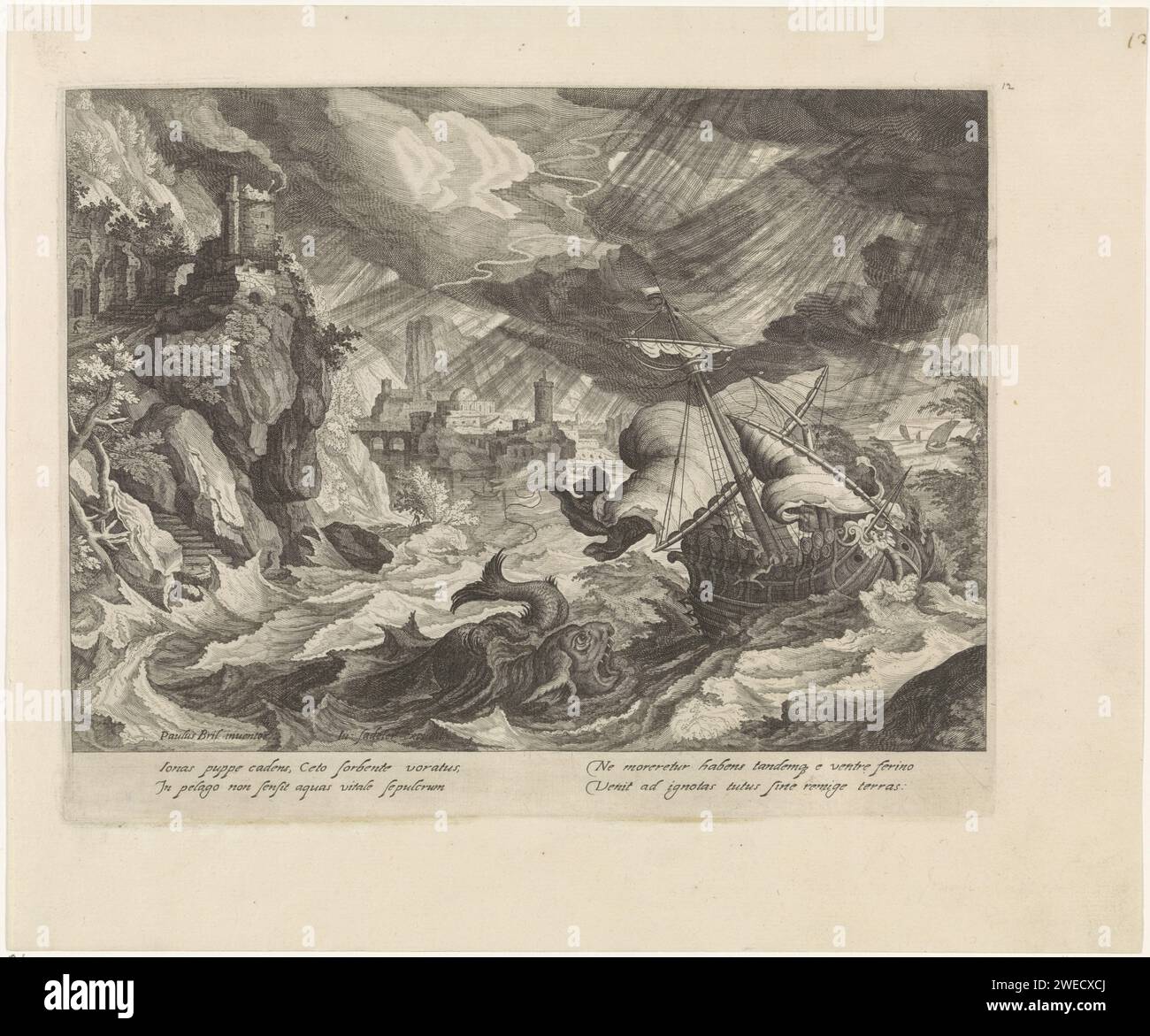 Jonah is thrown overboard by the fishermen, Justus Sadeler (Possible), After Paul Bril, 1600 - 1620 print A coastal landscape with a heavy storm. In the foreground a boat with Jonah thrown overboard by the fishermen. A sea monster swims next to the boat and is about to swallow Jonah. The print has a Latin caption with the story of Jonah. Venice (possibly) paper engraving the sailors reluctantly throw the prophet Jonah into the sea. coast Stock Photo