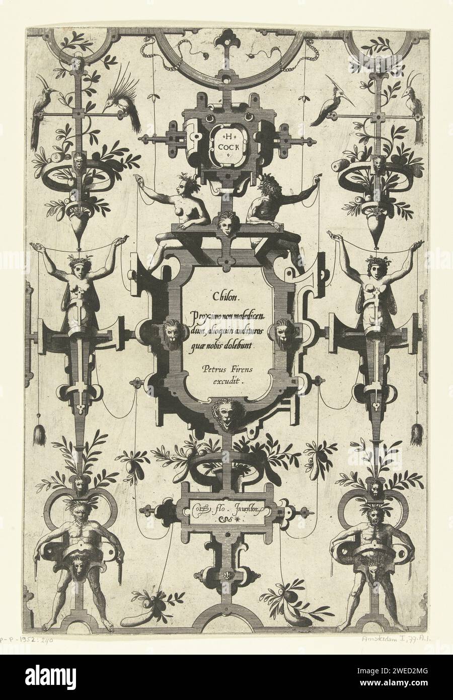 Cartouche with text by Chilo, Johannes or Lucas van Doetechum, after Cornelis Floris (II), c. 1600 - c. 1625 print Cartouche with text by Chilo between two candelabers, made up of rolling with a sater, a Herme and a vase with flowers. One of 4 magazines from a series of 6. Second edition of a series of flat decorations designed by Cornelis Floris (Orn Cat I-77.1 to 77.6). Netherlands (possibly) paper etching Stock Photo
