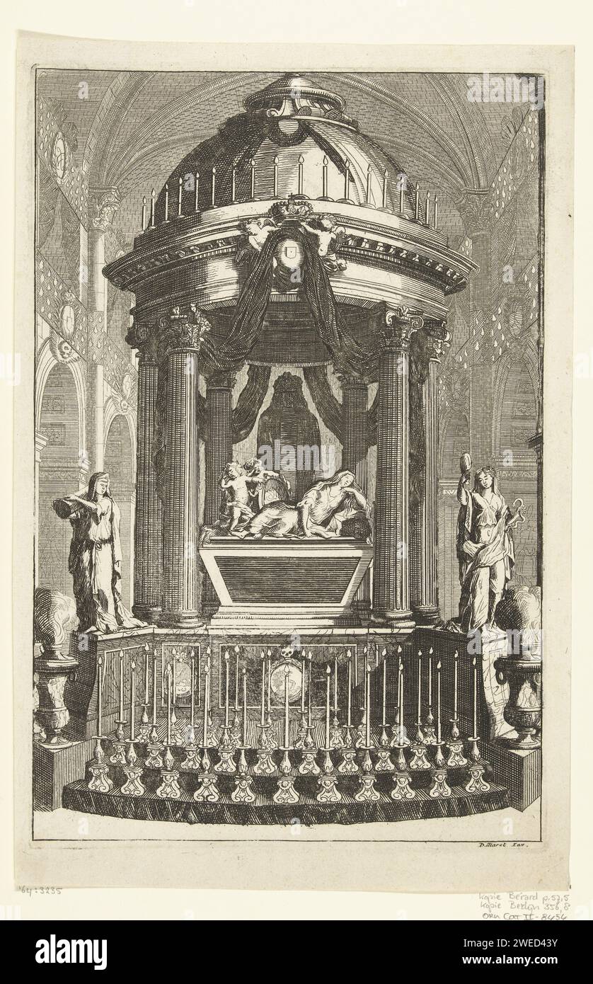 Mausoleum, anonymous, after Daniël Marot (I), in or after c. 1707 - before 1800 print Graftombe in a church with a lying woman and two children with a shield wearing a monogram (WR, William Rex). On the main frame of the Tempietto is a crowned coat of arms (from William II).  paper etching Stock Photo