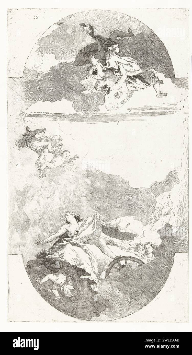 Diana Sturet Winden Om Iphigenia Te Redden, Giovanni Domenico Tiepolo, After Giovanni Battista Tiepolo, 1775 print Diana sends with poor gestures to save iPhigenia while blows above the wind to keep Greek fleet away from Aulis. Venice paper etching (story of) Diana (Artemis). Iphigenia Stock Photo