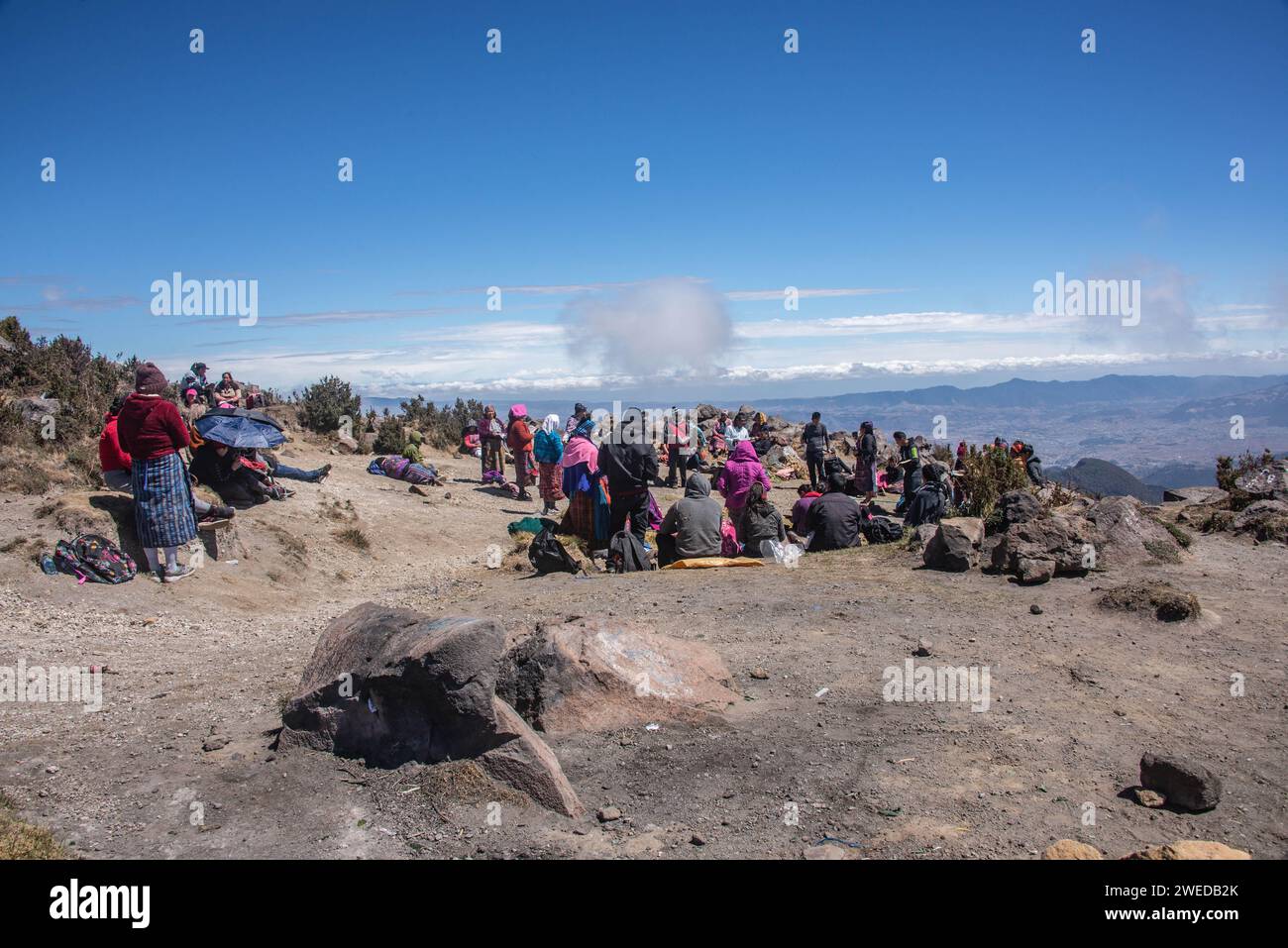 Mayan worship ceremony on top of Santa Maria volcano, Quetzaltenango, Guatemala Stock Photo