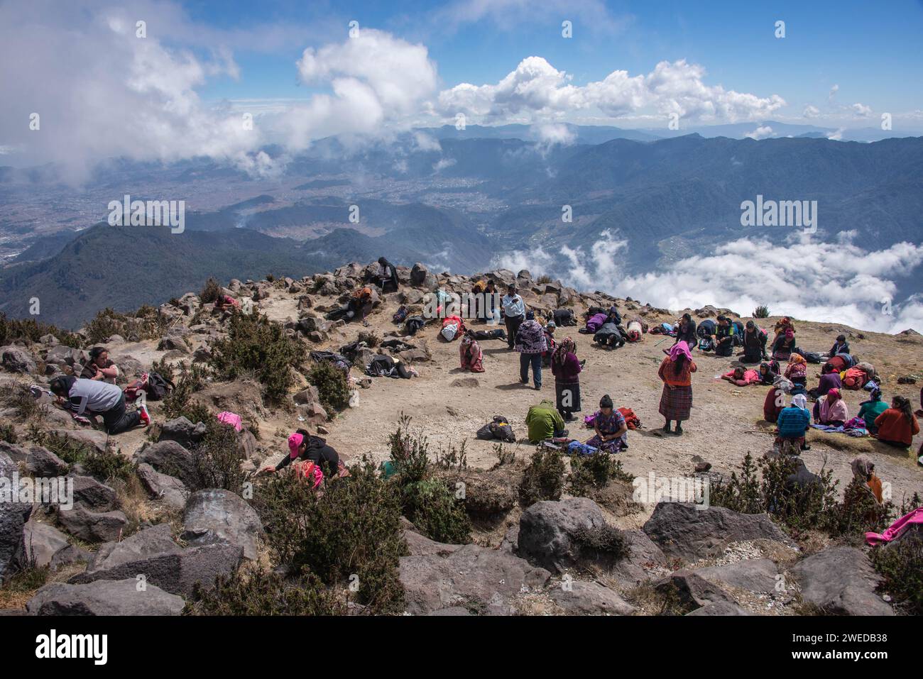 Mayan worship ceremony on top of Santa Maria volcano, Quetzaltenango, Guatemala Stock Photo