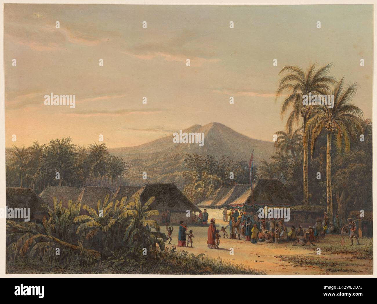 Village festival near the Berg Ardjoeno, Johan Conrad Greive, after Abraham Salm, 1869 print The villagers have gathered at a Dutch flag. The print is part of a cover with a text sheet and 24 individual prints. print maker: Amsterdamafter design by: Dutch East Indies, Thepublisher: Amsterdam paper  landscapes in tropical and sub-tropical regions. public festivities Java Stock Photo