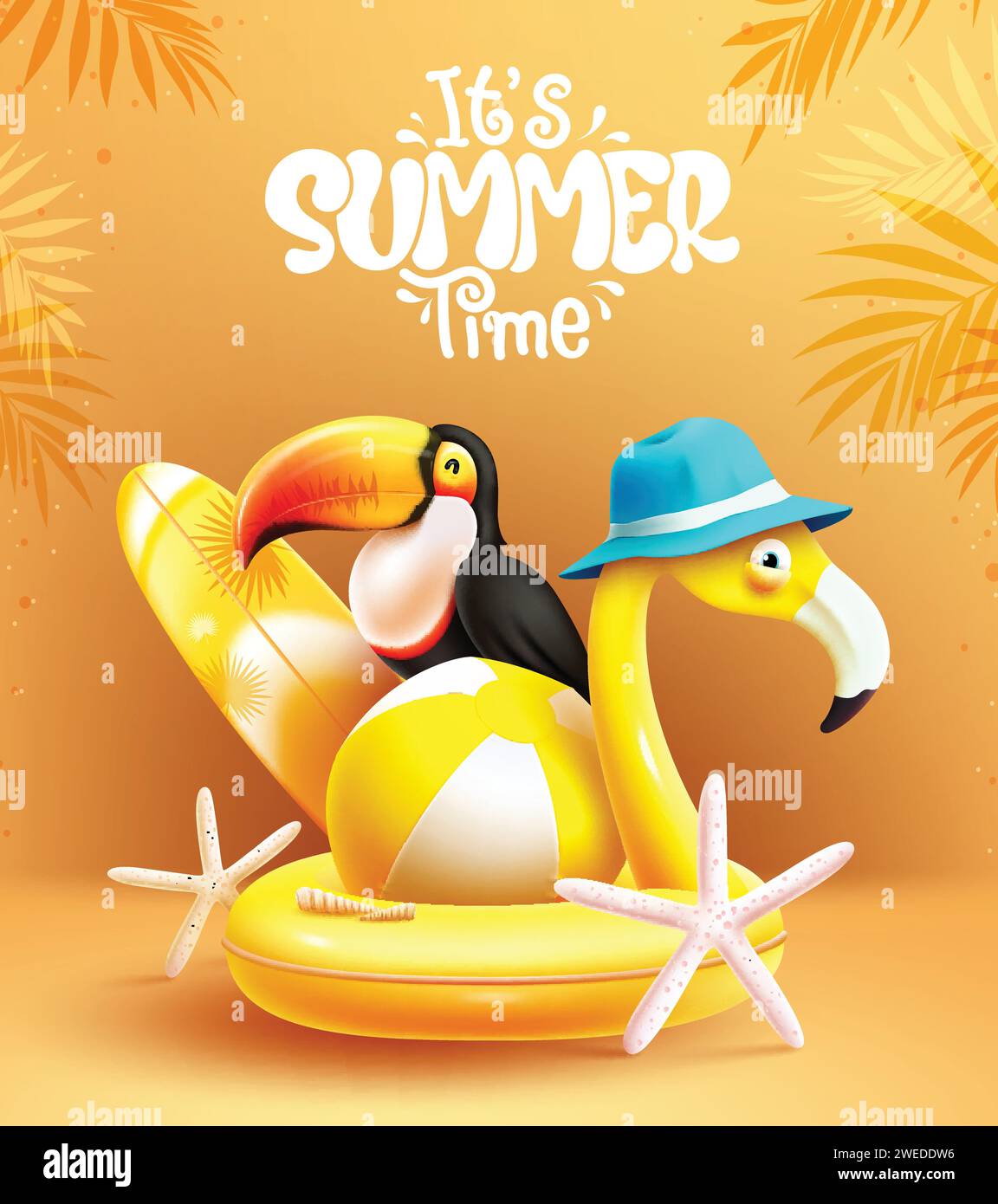 Summer time text vector design. It's summer time greeting with flamingo, toucan, surfboard and beachball beach elements in yellow background. Vector Stock Vector