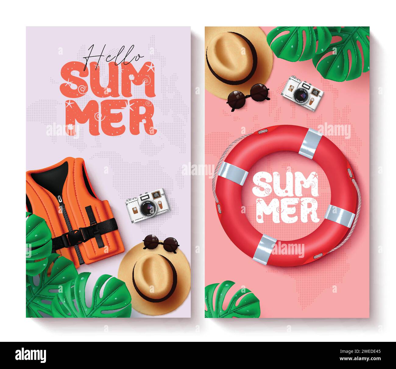 Summer hello greeting vector poster set. Hello summer greeting collection with lifejacket, lifebuoy and hat travel vacation elements. Vector Stock Vector