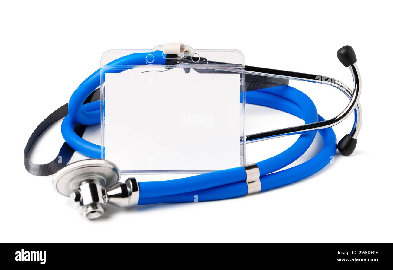 Blank badge and stethoscope on white background Stock Photo - Alamy
