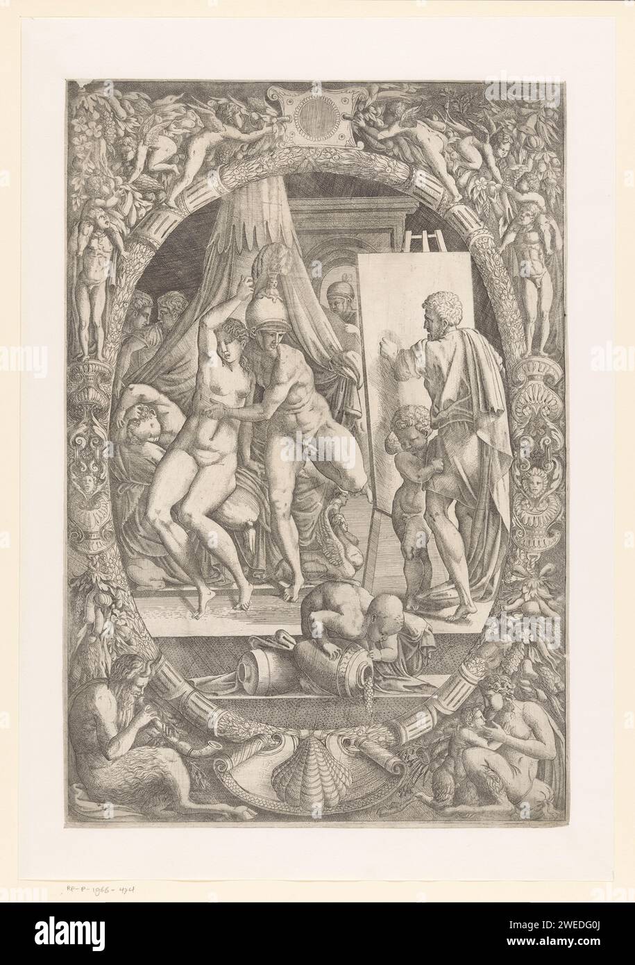 Apelles Schildert Alexander de Grote en Campaspe, monogrammist iqv, after Francesco Primaticcio, c. 1543 - c. 1545 print Alexander the Great and his beloved Campaspe pose for the painter Apelles, who stands behind his easel. The show is caught in a decorative oval list of saters, putti and fruits. Fontainebleau paper etching Apelles paints Campaspe and falls in love with her; Alexander yields her to him. cupids: 'amores', 'amoretti', 'putti'. satyr(s) (in general) Stock Photo