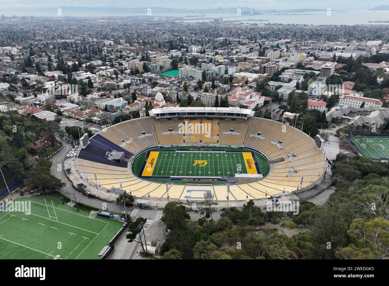 A general overall aerial view of California Memorial Stadium on the campus of University of California, Berkeley, Sunday, Dec. 31, 2023, in Berkeley, Calif. Stock Photo