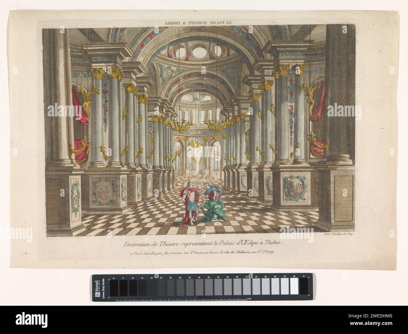 View of the interior of the Paleis of Oedipus in Thebes, Jacques Gabriel Huquier, 1735 - 1805 print  publisher: Parisprint maker: France paper. watercolor (paint) etching / brush interior  representation of a building. palace. (story of) Oedipus Stock Photo