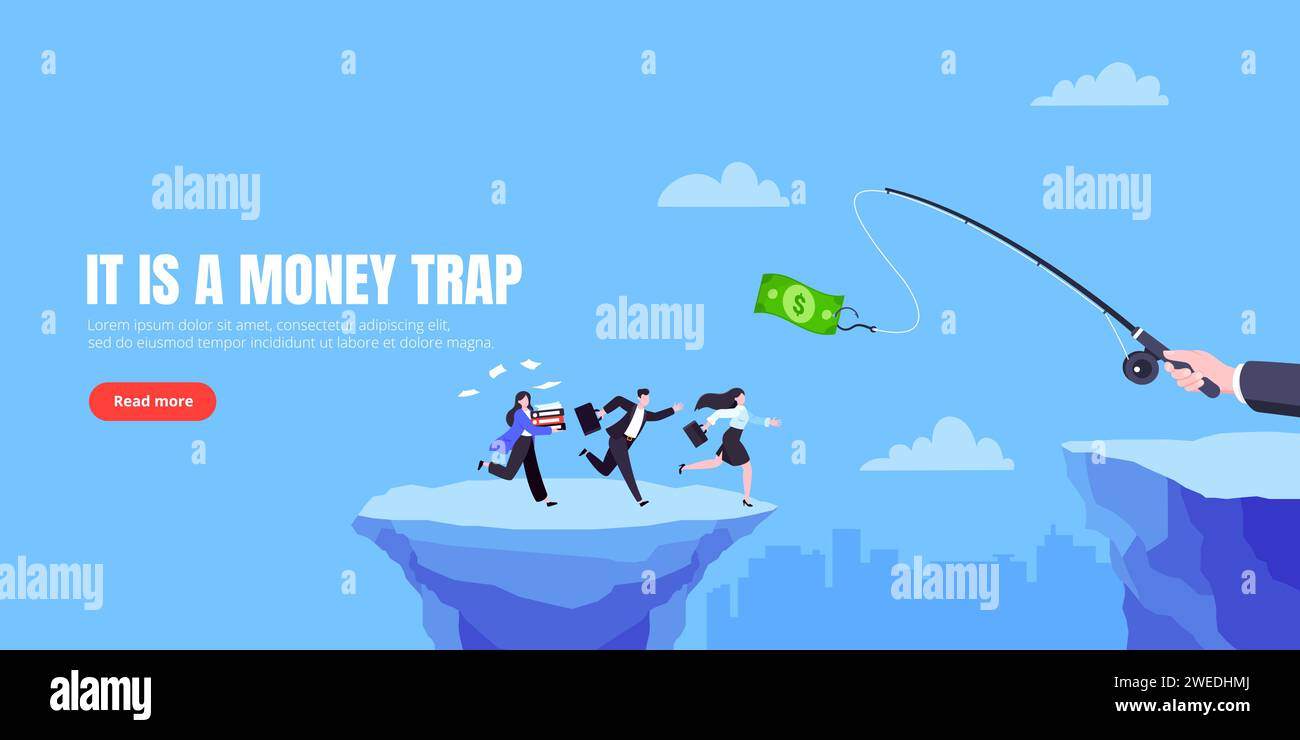 Money trap business concept. Young adult businesswoman running to catch the money flat style design vector illustration. Metaphor of greedy financial Stock Vector