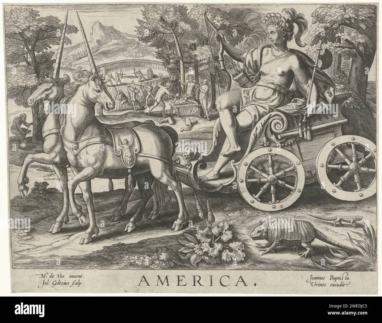 Amerika, Julius Goltzius, After Maerten de Vos, 1575 - 1610 print The female personification of the continent America is in a cart with arrow-and-bow, drawn by two unicorns. Next to the cart a giant heels and a lizard. In the background, cannibals slaughter a man and roast him above a fire. Even further back, men with arrow and arch shoot together. The print is part of a four -part series with personifications of the four continents. Antwerp paper engraving other mammals: armadillo. America represented allegorically; 'America' (Ripa). unicorn. cannibalism. Native peoples of the Americas Stock Photo