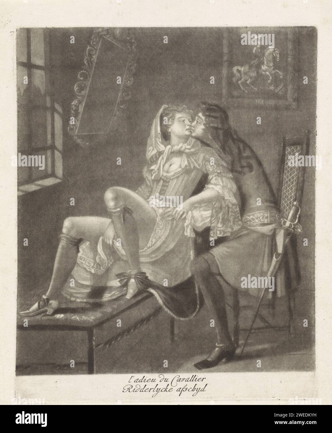 Kissing couple, Anonymous, 1650 - 1750 print In a departure, a knight says goodbye to a woman. They kiss each other. A painting of a man on horseback hangs on the wall.  paper  (lovers) kissing each other. picture, painting Stock Photo