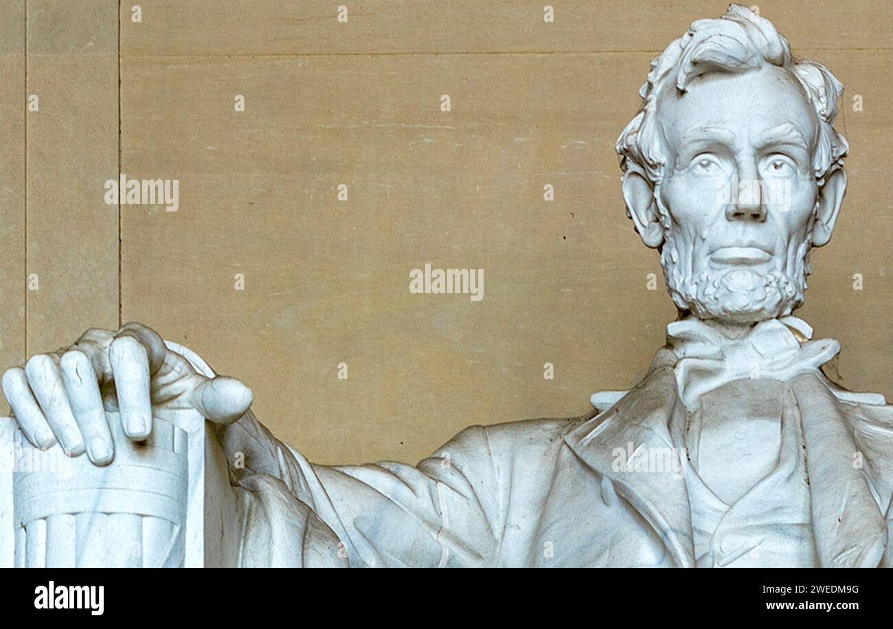 Part of the Georgia white marble statue of Abraham Lincoln sitting in his armchair with his footrests, better known as the Lincoln Memorial on the Nat Stock Photo