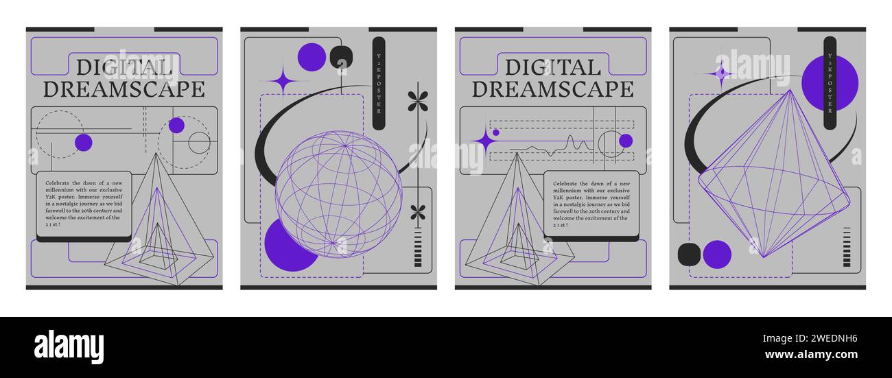 Retrowave aesthetic banners set. Vector realistic illustration of y2k style posters with blue