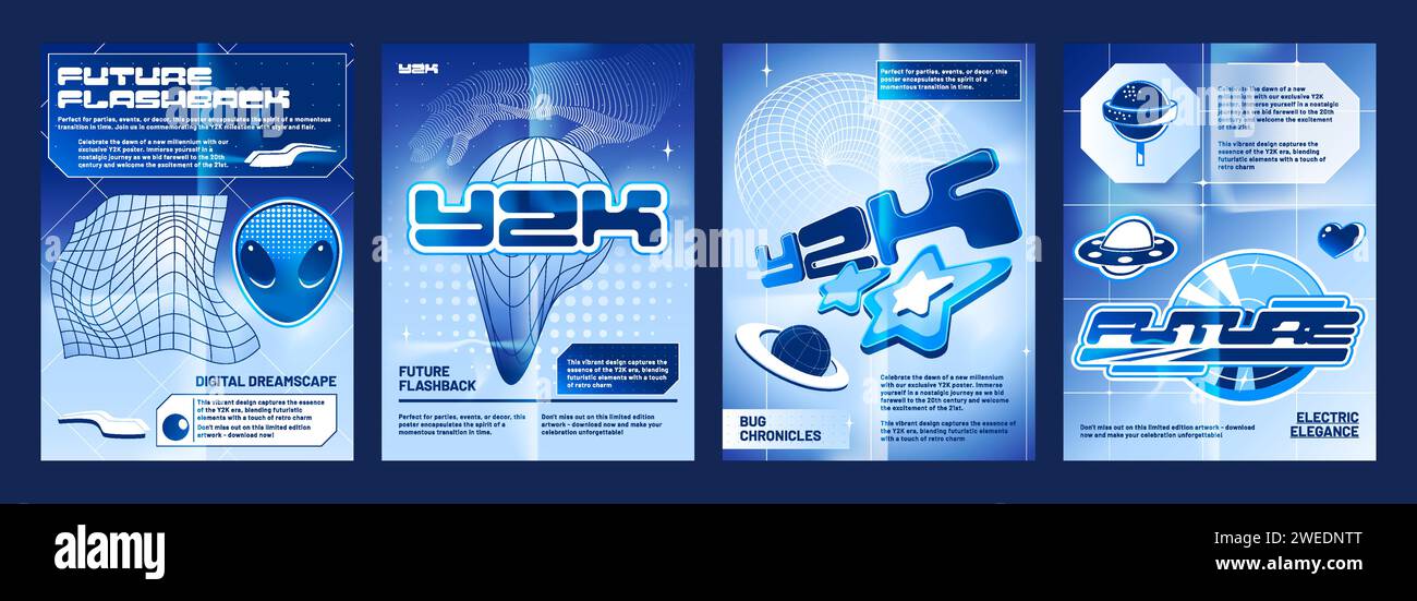 Y2k vibe space banners set. Vector realistic illustration of retrowave posters with wireframe globe, torus, alien face, lollipop, heart, star icons on blue gradient background, retro futuristic flyers Stock Vector