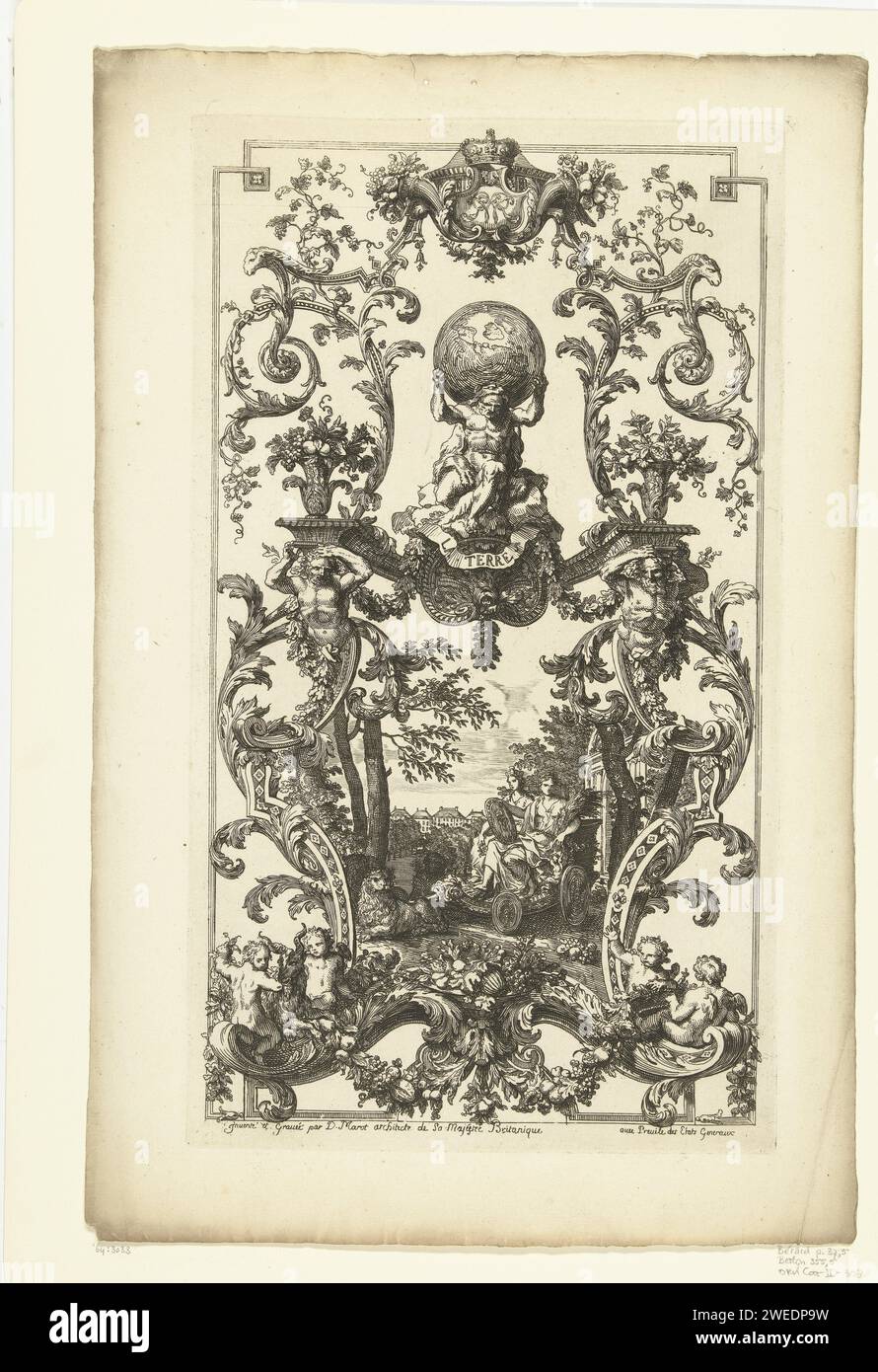 Panel with the Element Earth, Daniël Marot (I), 1712 print In the middle of the top is a crowned cartouche with the Monogram RWR (William Rex), a cartouche with Ceres on her car in a landscape with a house (Het Loo?) In the background at the bottom. From series of 6 sheets, including 4 sheets with the four elements and two sheets on which there are two vertical panels each. print maker: Netherlands (possibly)after own design by: Netherlandspublisher: Amsterdam paper etching vase  ornament. ornament  grotesque. earth (one of the four elements). (story of) Ceres (Demeter) Stock Photo