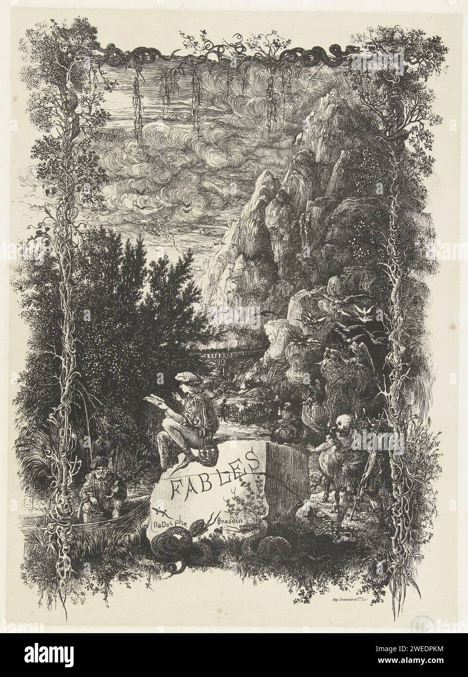 Title print with landscape and figures from fables and stories in frame with plants and snakes, Rodolphe Bresdin, 1868 print Title print with a landscape in which different figures are placed that appear in the fables and stories in the book for which this illustration was designed. There is a young man with a book on a large stone with the text Fables. On the right a man runs with a beef and he finds a broken jug and its contents. On the left a man is fishing in a boat. Birds or bats fly from a cave. In the background a rock rises high and a train disappears in a tunnel. The rectangular frame Stock Photo