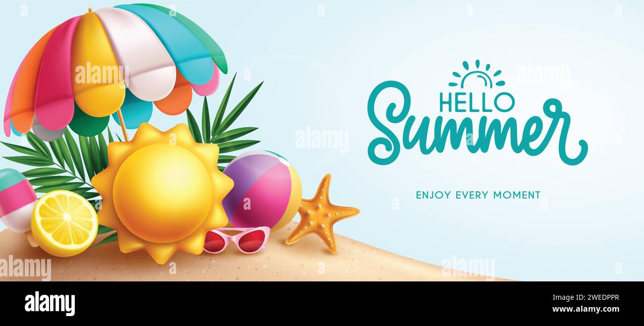 Summer hello greeting vector banner design. Hello summer greeting text with umbrella, sun, beachball and starfish beach elements in seaside background Stock Vector