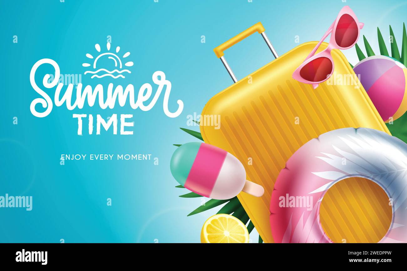 Summer time text vector design. Summer beach travel vacation luggage bag, floaters, sunglasses and beachball decoration elements. Vector illustration Stock Vector