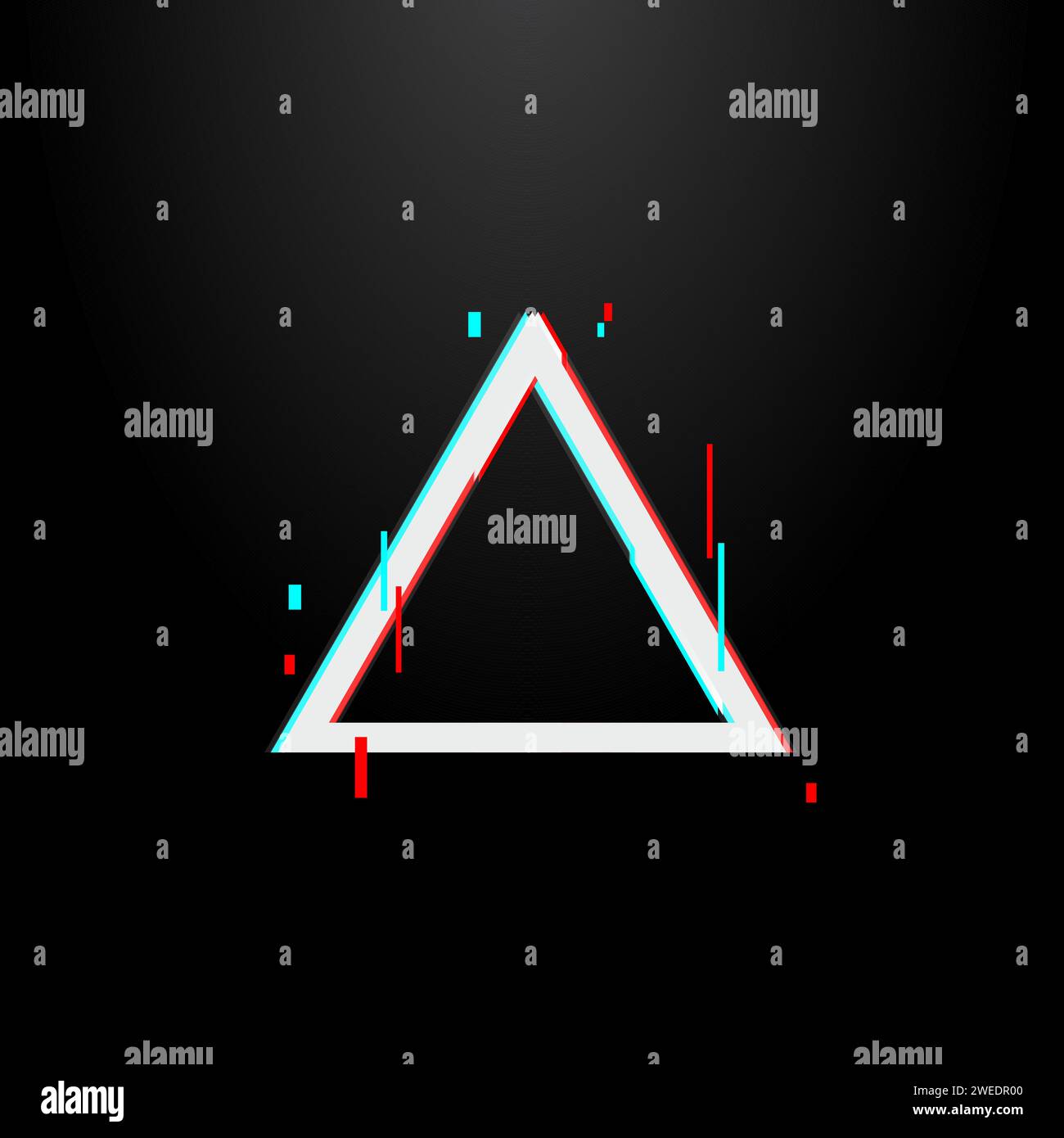 Glitched triangle frame. Glitch effect, distorted triangular shape. Stock vector illustration isolated on black background. Stock Vector