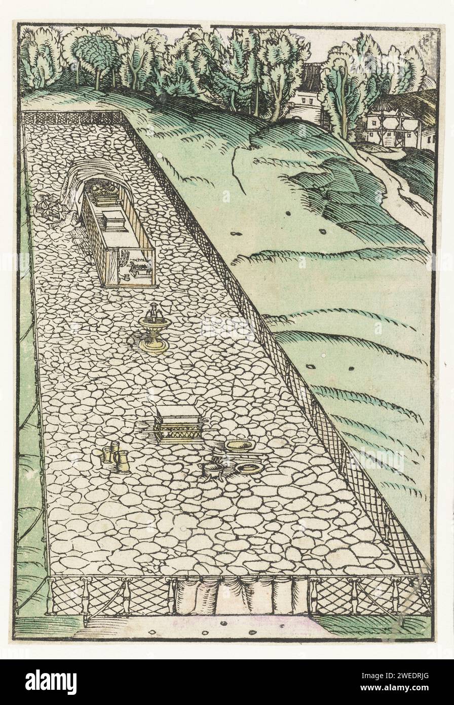 Court with the Tabernacle, burnt sacrifice and washing vessel, Lucas Cranach (I), 1523 - 1526 print Within a fence in a landscape is a burnt offering altar with some dishes, a washing vessel and a tabernacle. The rugs that usually cover the tabernacle have been knocked back, so that the table in front of the showcases, the incentive sacrifice and the ark of the covenant are visible.  paper  the court of the Tabernacle  Jewish religion. Tent of Meeting, ''Ohel Mo'ed', Tent of the Testimony, 'Mishkan ha-'Edut' (Tabernacle  Jewish religion) Stock Photo