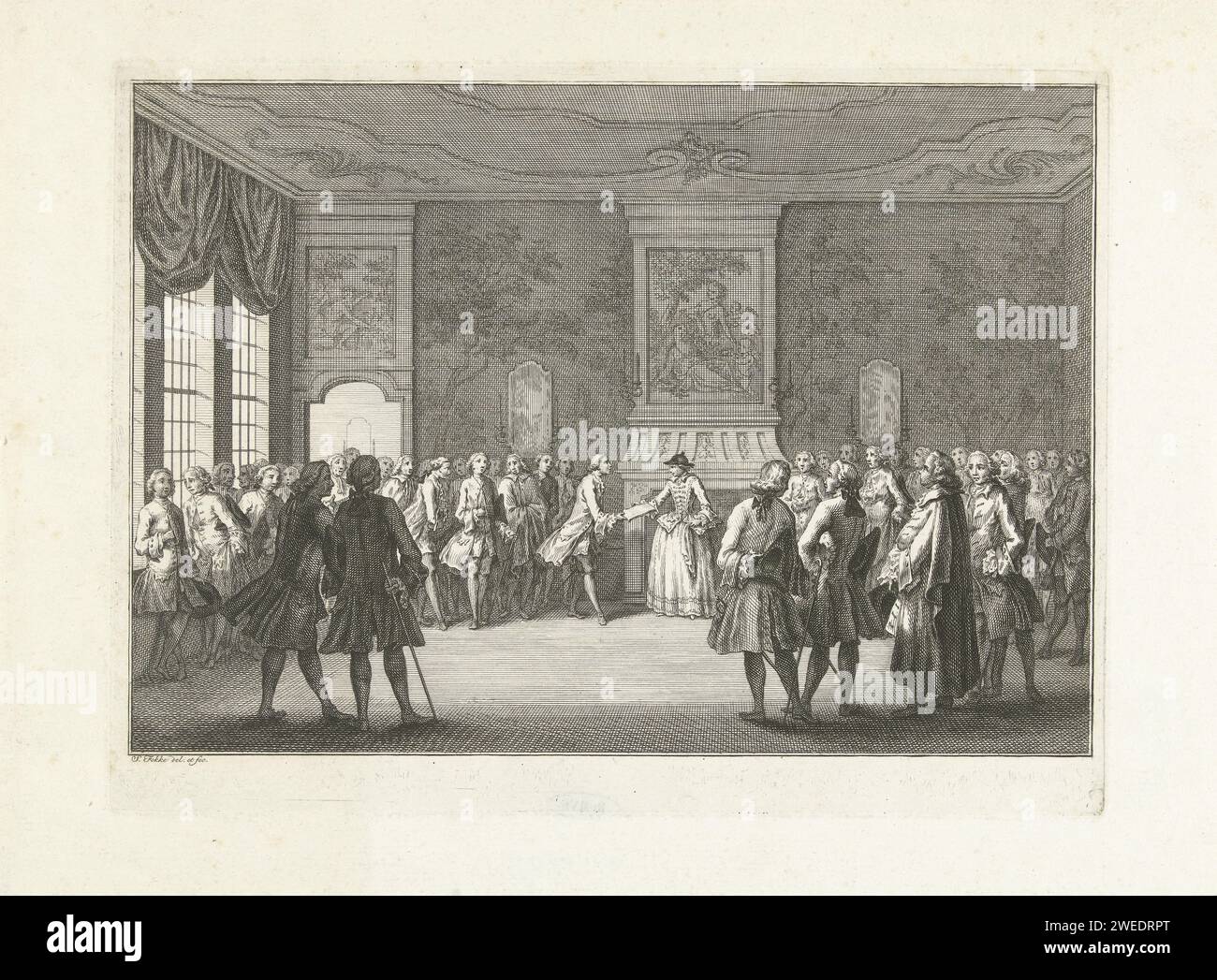 Dutch merchants present Princess Anna a complaint about the English attacks, 1758, Simon Fokke, 1758 print A delegation of Dutch merchants hands over to the Gouvernante (Princess Anna van Hannover) a complaint about the English attacks, December 7, 1758. Probably in response to robberies by the English on Dutch ships in the Antilles. Northern Netherlands paper etching / engraving Stock Photo