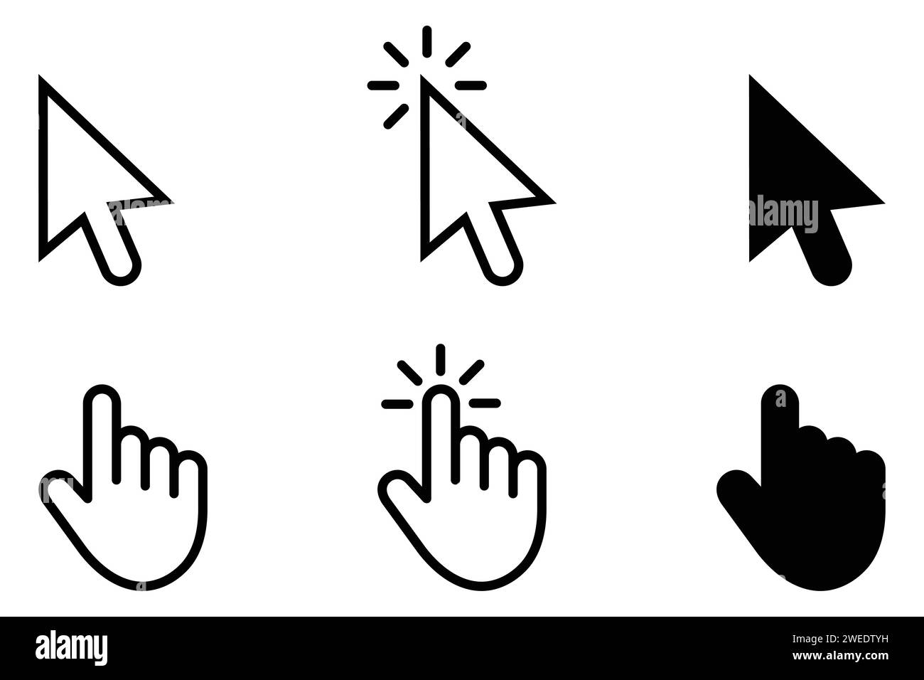 Click cursor set. Computer pointer hand and arrow icon. Press pick