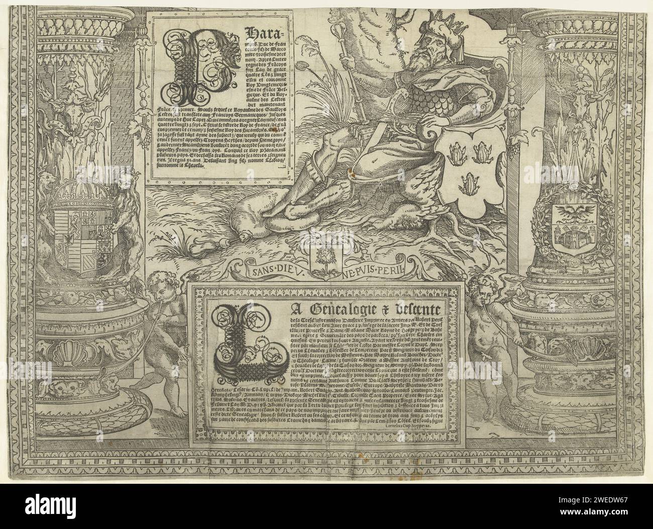 Family tree of the Habsburg house, page one, Robert Péril, 1533 - 1535 print First sheet of twenty, together form a pedigree. At the beginning of the family tree of the Habsburg house with Pharamond, King of the Franks, sitting by the root of the tree. Two cartouches with texts in French, and the motto of the print maker 'Sans Dieu Ne Puis Peril'. print maker: Low Countriespublisher: Antwerp paper  family lineage, pedigree, genealogical tree or table Stock Photo
