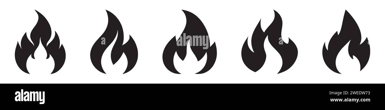 A Stock Vector Set of Fire Icons Portrayed in a Flat Style Featuring Various Flame Symbols, a Bonfire Silhouette Logotype, and a Collection of Symbol Stock Vector