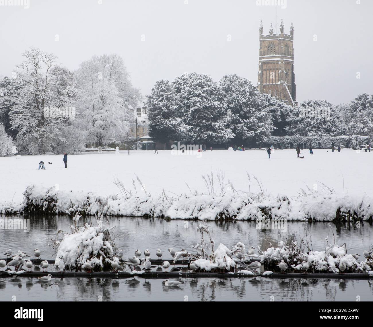 Cirencester Abbey Grounds on a snowy winter's day Stock Photo