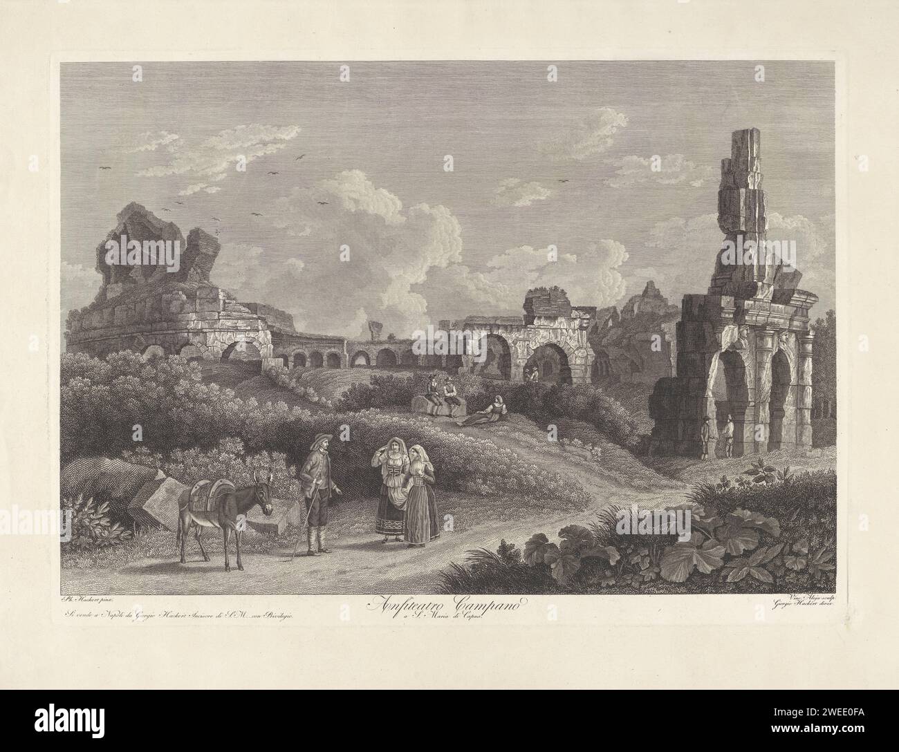 Amphitheater of Capua, Vincenzo Alloja, After Jacob Philipp Hackert, 1781 - 1820 print View of the ruins of the Capua amphitheater near the city of Santa Maria Capua Vetere. Figures resting between the ruins. In the foreground two women, a man and a donkey. Title in the end margin. Italy paper etching ruin of a building  architecture Capua amphitheater Stock Photo