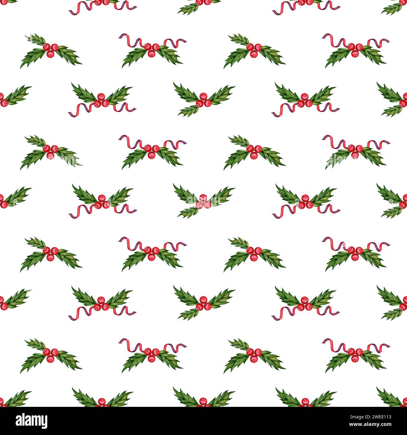 Seamless pattern with hand drawn holly branch, red berries and leaves ...