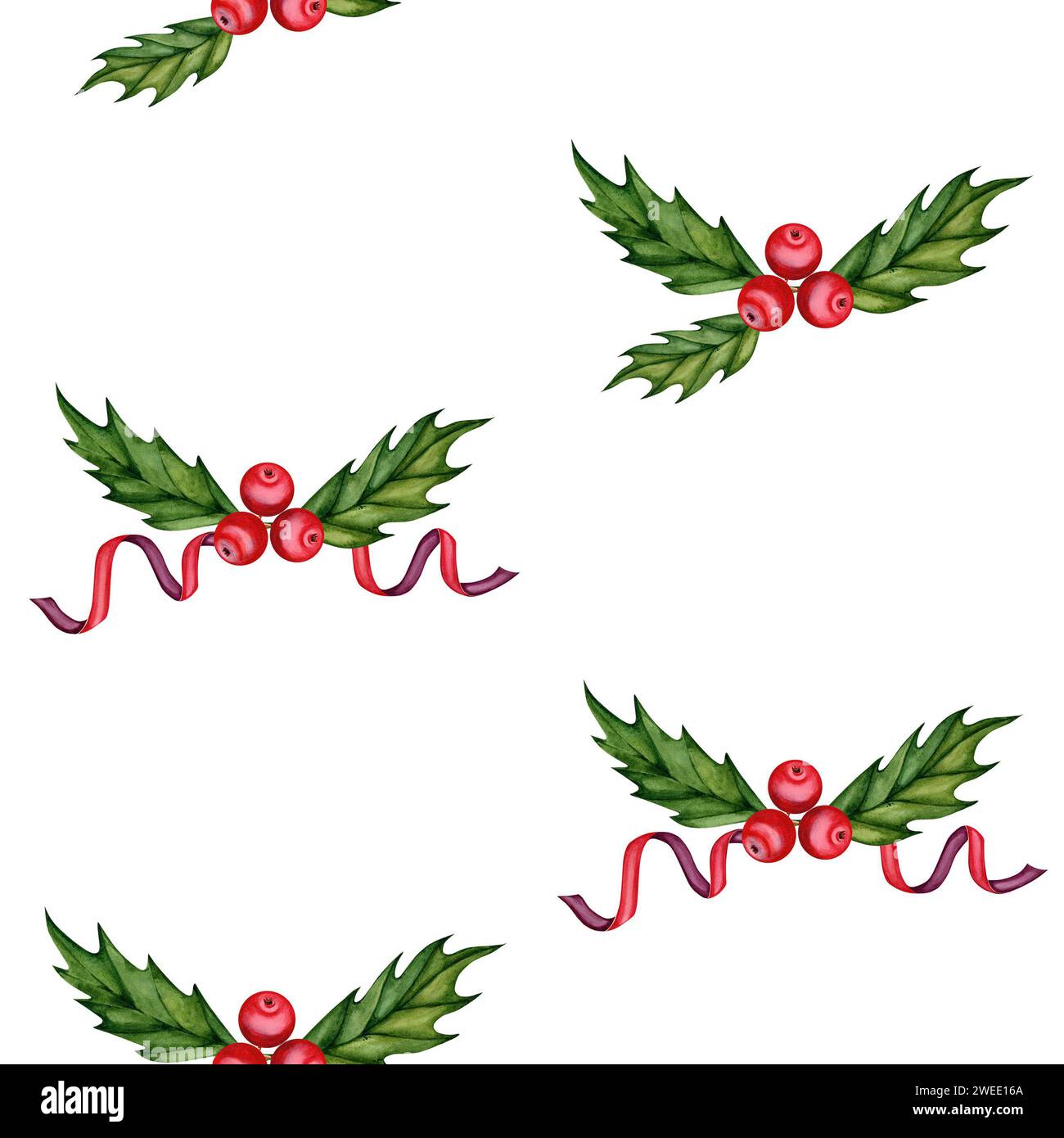 Seamless pattern with hand drawn holly branch, red berries and leaves ...