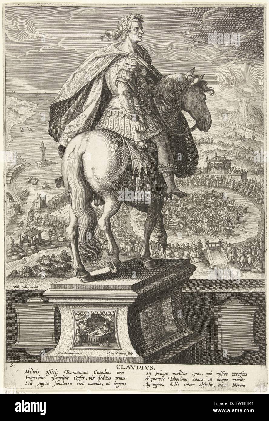 Emperor Claudius on horseback, Adriaen Collaert, after Jan van der Straet, 1587 - 1589 print On a column Keizer Claudius on horseback. In the background scenes from his life. On the left the construction of a channel that connects the tiber to the sea. On the right a sea battle that was re -enacted in one of his famous Naumachia. Cartouches on the column show his marriage to Agrippina and his art patronage. The print has a Latin caption. The print is part of a twelve -part series about Roman emperors. Antwerp paper engraving (story of) Claudius the Roman emperor. (story of) Claudius the Roman Stock Photo