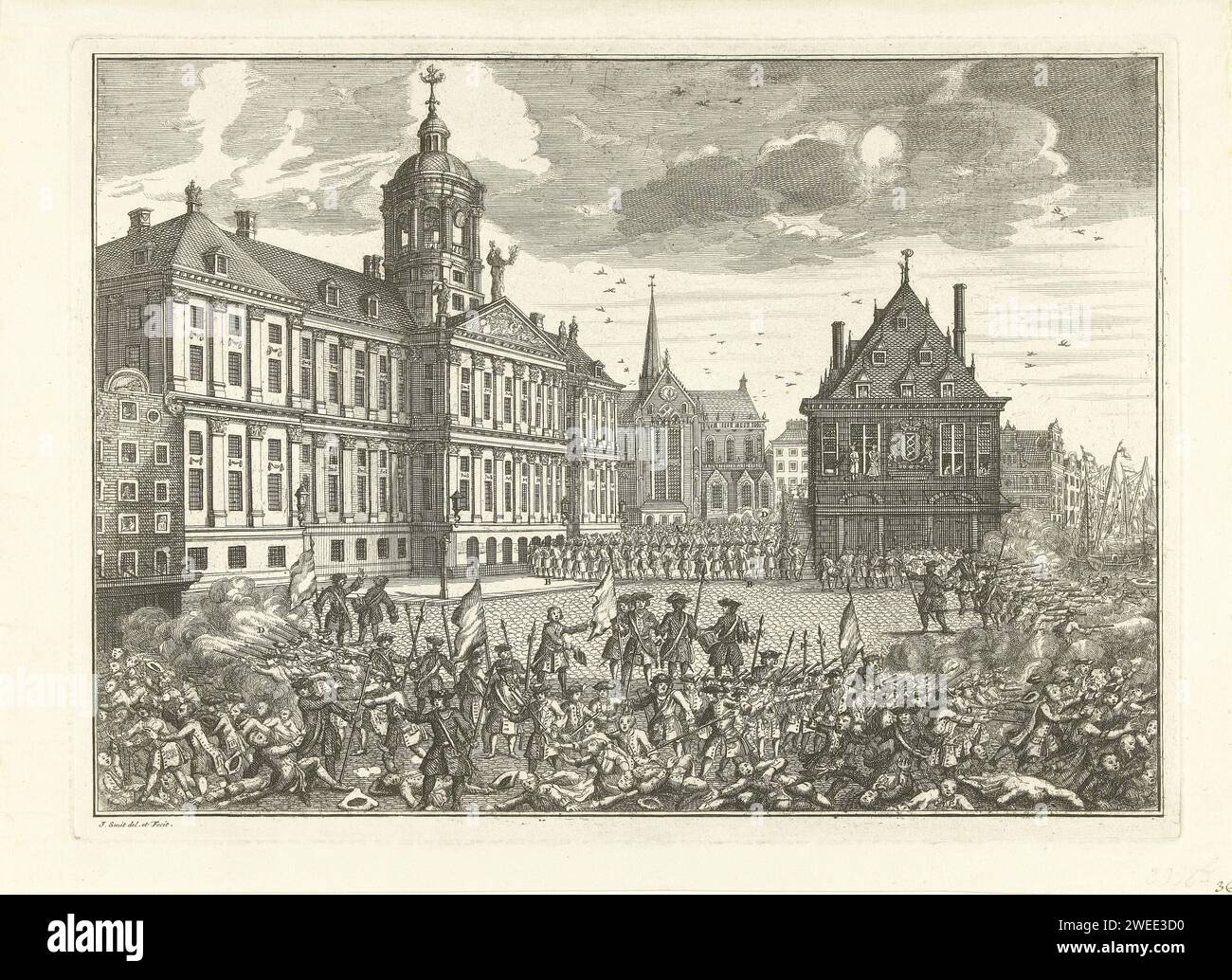 Executions and riot on Dam Square, 1748, Jan Smit (II), 1748 print Face on the dam with the town hall, the new church, the Waag and the Damrak, with the shooting by the civilian guard in the rows of the intrusive spectators on Dam Square, 28 June 1748. The bodies of the executed man and the bodies hang on the Waag A woman (Piet van Dort and the Citroen- and Dried Schol saleswoman Mat van den Nieuwendijk) because of their role in the tenant riot. Without the caption. Northern Netherlands paper etching street-fights, riots. anti-riot measures. violent death by hanging Dam. City Hall of Amsterdam Stock Photo