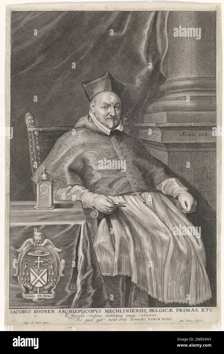 Portrait of Jacob Boonen, Paulus Pontius, after Gaspar de Crayer, 1643 - 1657 print Portrait of Jacob Boonen, Archbishop van Mechelen, at the age of 70. Bottom left his weapon with his motto in Latin. Antwerp paper engraving armorial bearing, heraldry. archbishop, bishop, etc. (Roman Catholic) Stock Photo