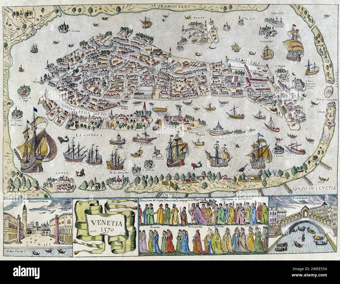 Map of Venice in 1570. Stock Photo