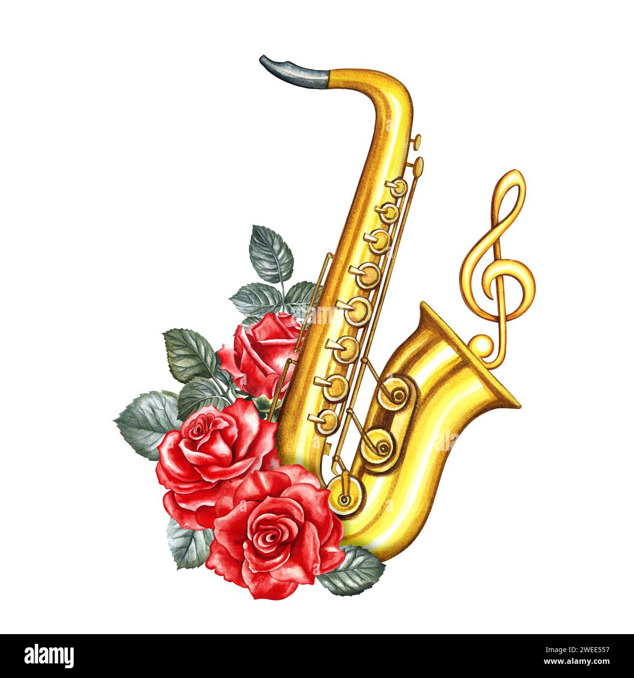 Red Roses And Saxophone A golden saxophone decorated with red roses and a treble clef. The ...