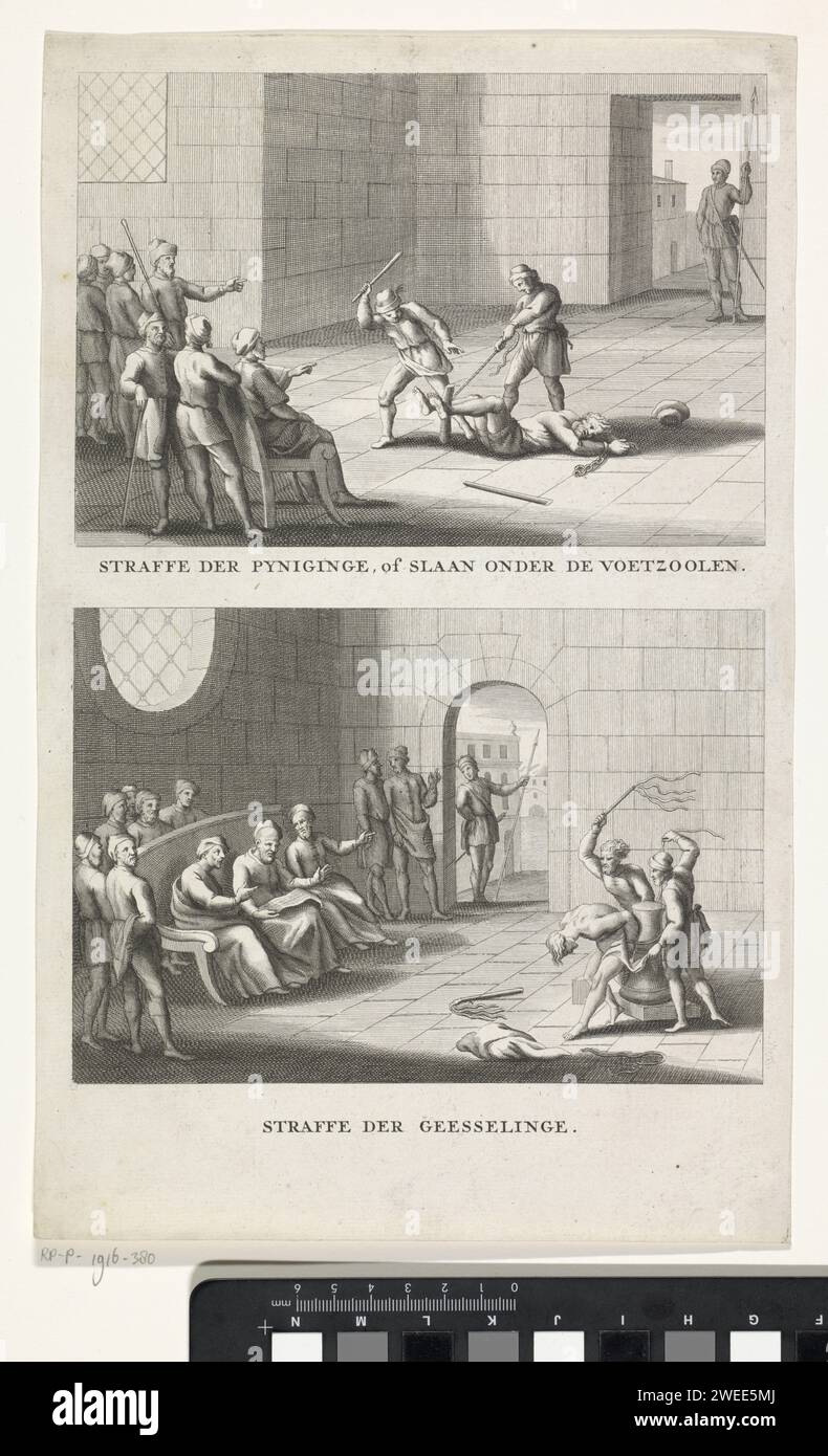 Two chat- cènes, anonymous, 1700 - 1750 print Two performances on a leaf. Above a man who is beaten on a chair on the soles on the instructions of a man. Under a man who is flashed on the scenel. Netherlands paper etching / engraving torture Stock Photo