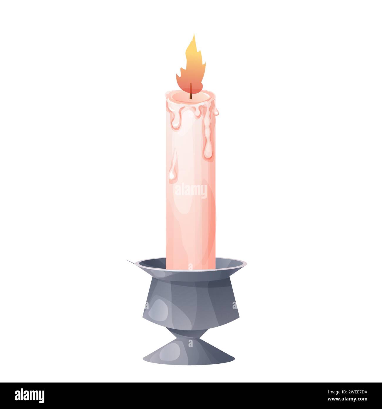 Wax candle with fire in metal holder, candelabra flame in cartoon style