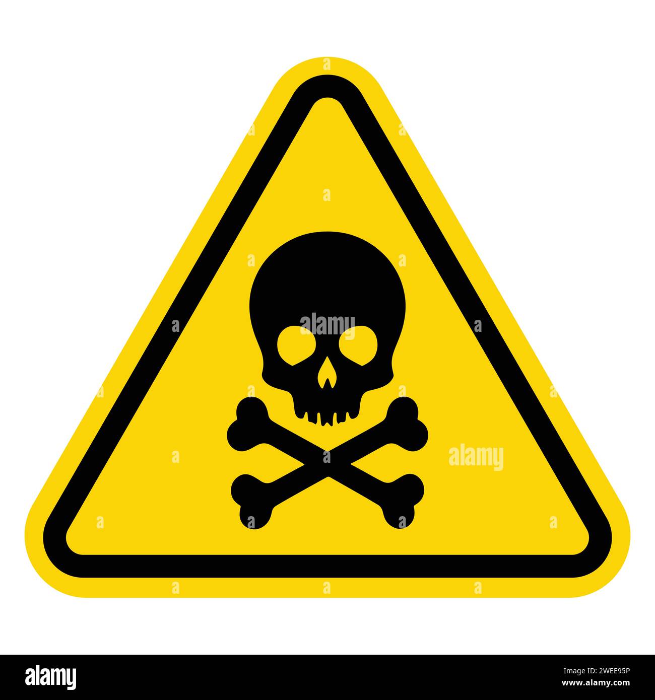 Yellow triangular Danger poison sign with skull and cross bones crossbones mark. Toxic, electricity or chemical Warning icon. Triangle symbol of death Stock Vector