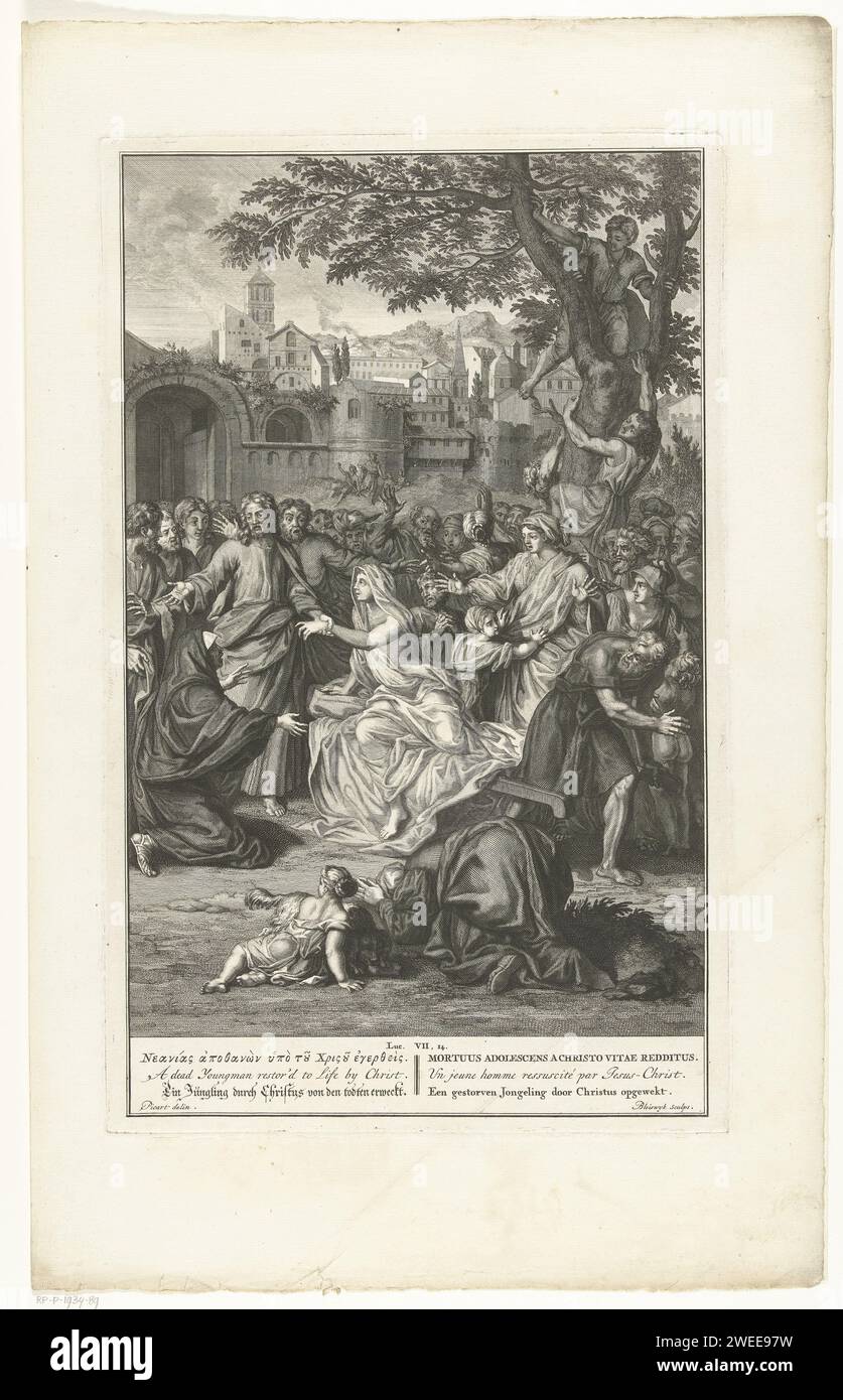 Revival of the son of the widow of Naïn, François van Bleyswijck, after Bernard Picart, 1728 print Christ is approaching the city of Naïn with apostles and crowd people and close to Stadspoort he meets men with the dead body of young man in a corpse. He brings this only son of a widow to life to the great surprise of the bystanders. Under the show, the Bible text is quoted in six languages from Luke 7:14 Leiden paper etching / engraving Christ touches the bier of the son of the widow of Nain: the young man sits up Stock Photo