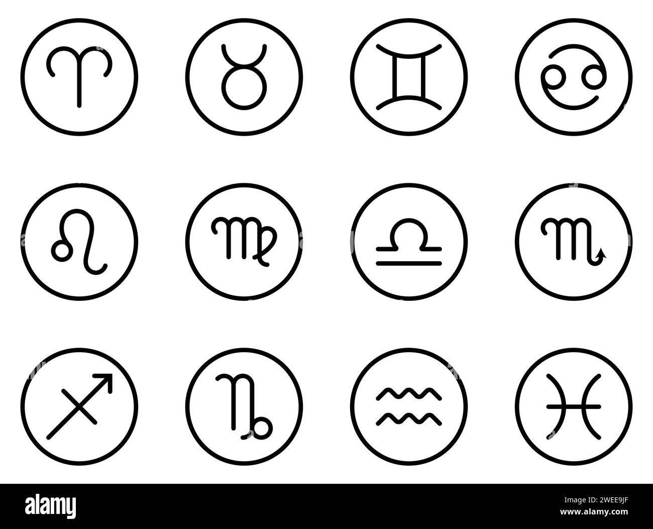 Zodiac sign black icon set vector. Aries, Taurus, Gemini, Cancer, Leo, Virgo, Libra, Scorpio, Sagittarius, Capricorn, Aquarius, Pisces. Astrology Stock Vector