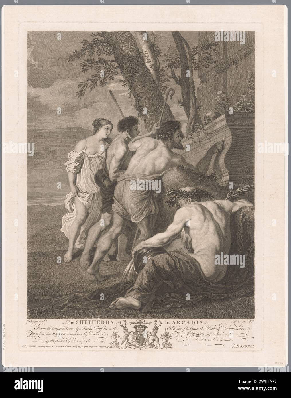 Herders in Arcadia, Simon François Ravenet (The Old), After John Hamilton Mortimer, After Nicolas Poussin, 1763 print  London paper etching / engraving 'And in Arcadia I am' Stock Photo