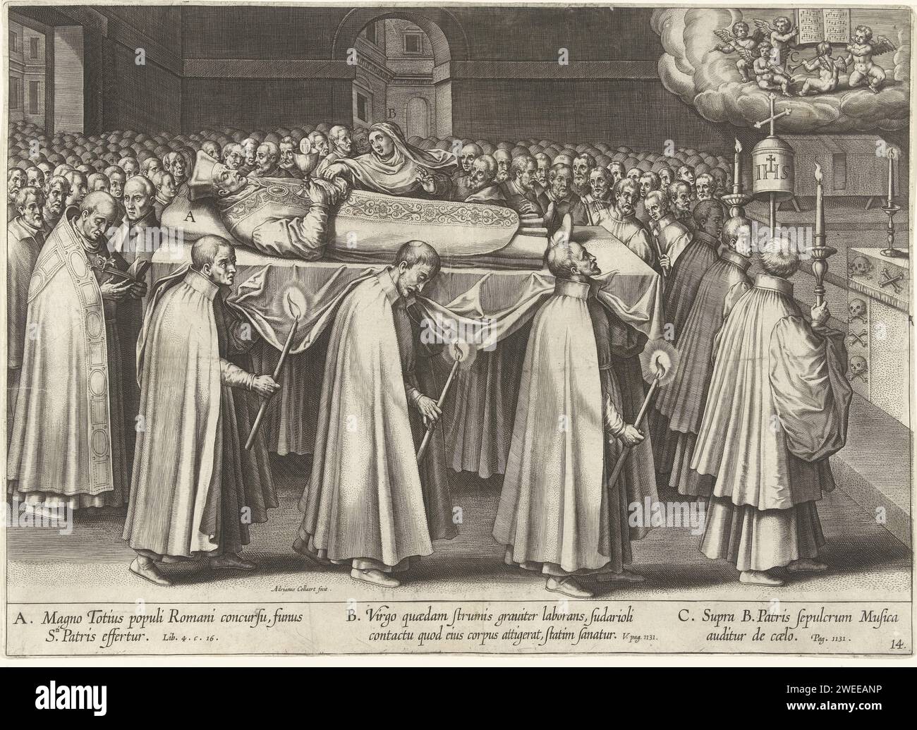 Funeral of Ignatius, Adriaen Collaert, After Juan de Mesa, 1610 print Three scenes from the life of Ignatius of Loyola. Central the funeral of Loyola. A mass collects around the corpse. A woman touches the corpse of the saint and is healed. In the upper right corner, some angels make music above the grave of Ignatius. The print has Latin captions with references to the scenes in the print. The print is part of a fifteen -part series about the life of Ignatius of Loyola. print maker: Antwerpafter painting by: Madridpublisher: Antwerp paper engraving post-mortem occurrences  St. Ignatius - find Stock Photo